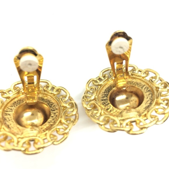 VINTAGE 80S CHAIN LINK GOLD TONE ROUND CLIP ON EARRINGS STATEMENT DOMED LARGE - Picture 10 of 14